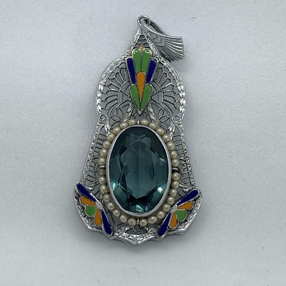 Jewelry - Costume antique pendant enamel, seed pearls, blue topaz